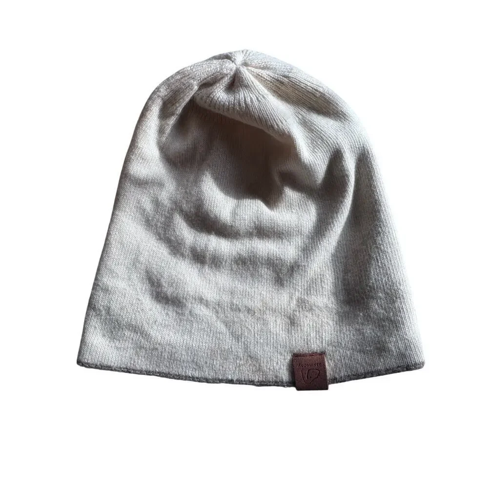 Jaxmonoy Slouchy Knit Beanie Hat Beige Tan Unisex Soft Stretch Minimalist Patch